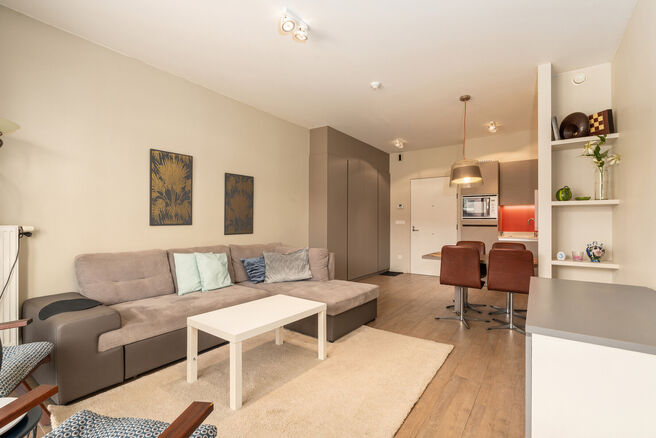 Mooi gemeubeld appartement met terras, ondergrondse staanplaats en kelder, gelegen op een uitstekende locatie nabij openbaar vervoer en tal van voorzieningen.

INDELING:
Bij het betreden van het appartement komt u terecht in de aangename, open leefruimte,