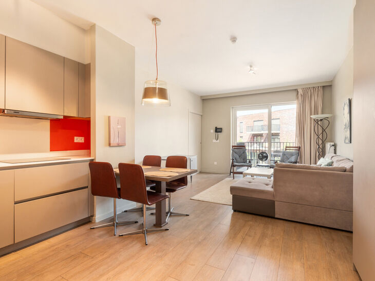 Mooi gemeubeld appartement met terras, ondergrondse staanplaats en kelder, gelegen op een uitstekende locatie nabij openbaar vervoer en tal van voorzieningen.

INDELING:
Bij het betreden van het appartement komt u terecht in de aangename, open leefruimte,