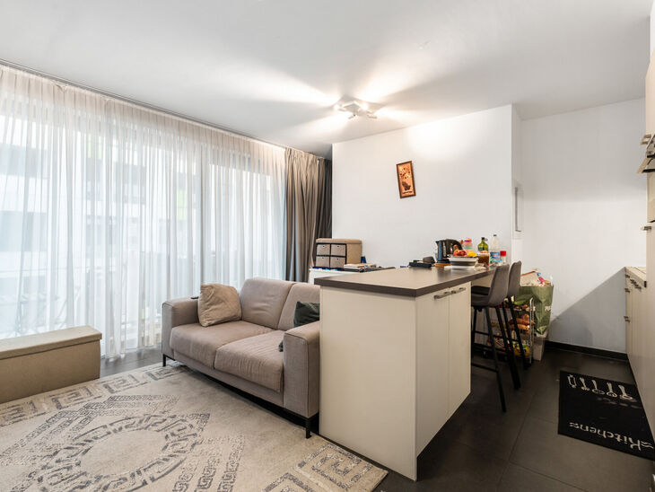 Dit recent gebouwde appartement met 1 slaapkamer geniet een uitstekende locatie, recht tegenover de trendy Kanaalwijk en in de buurt van Tour & Taxis en het Rogierplein.

Gelegen op de 3de verdieping, biedt het appartement een zuidoostelijk geori&euml;nteerd 